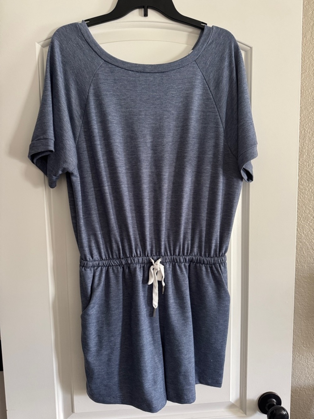 Gilli Heathered Slate Blue Short Sleeve Drawstring Romper